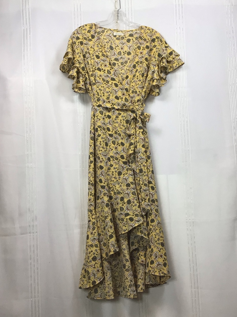 Max Studio Yellow Floral High-Low Flutter Sleeve Full Wrap Dress Sz.M